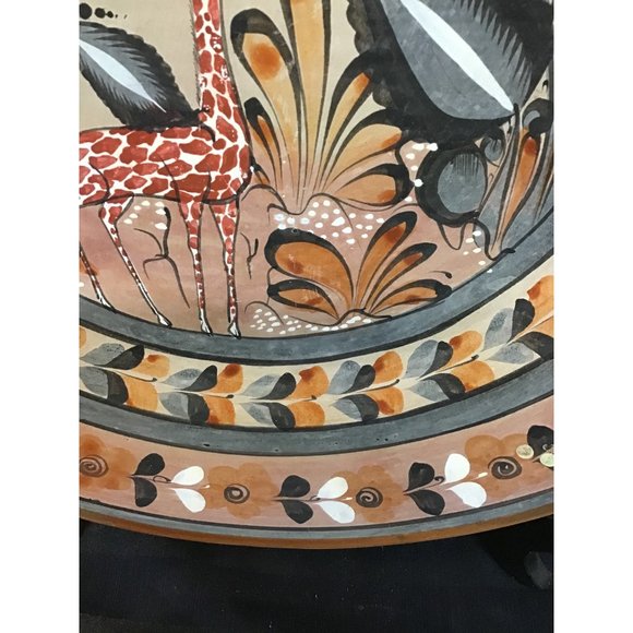 Vintage Mexican Tonala Burnished Pottery Charger Plate Signed Hanging Giraffe Ow - Picture 4 of 7